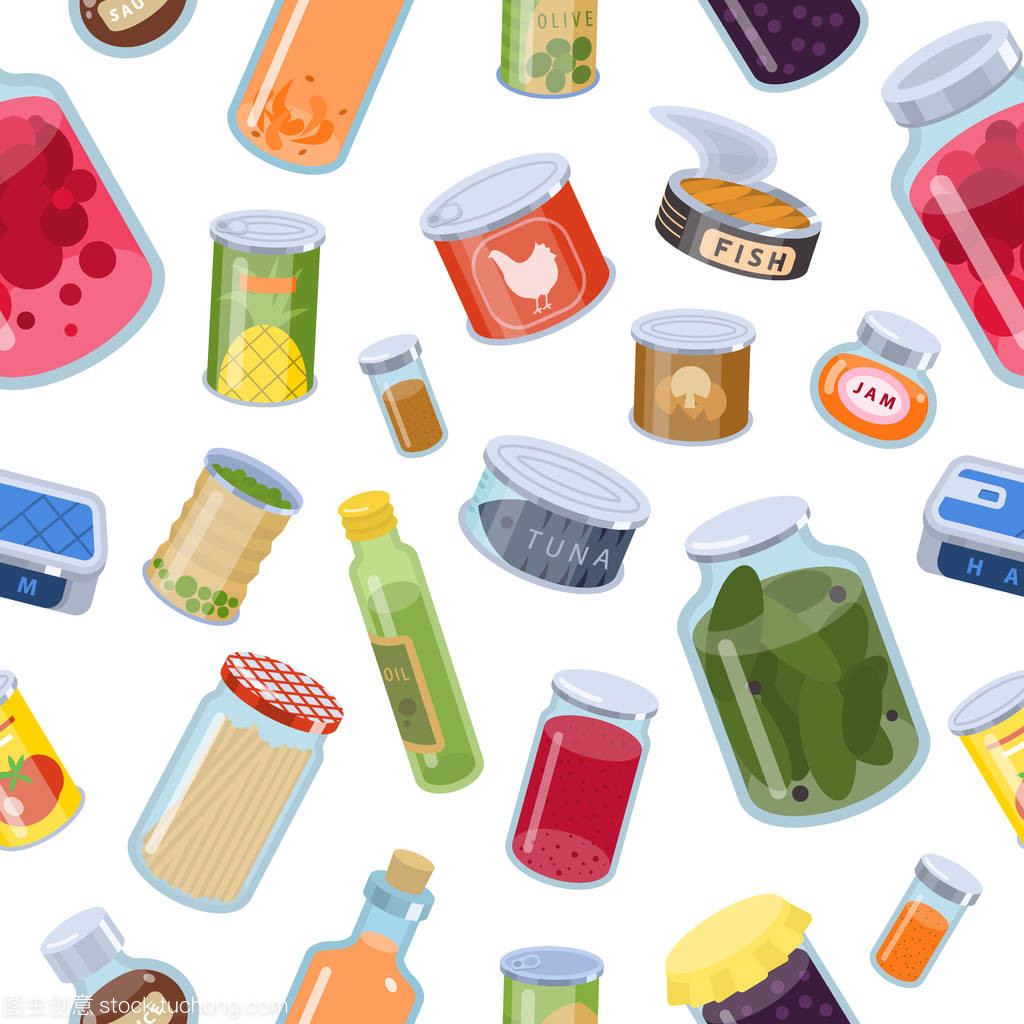 食品金屬容器 現(xiàn)代罐頭產(chǎn)品的無(wú)縫矢量圖設(shè)計(jì)